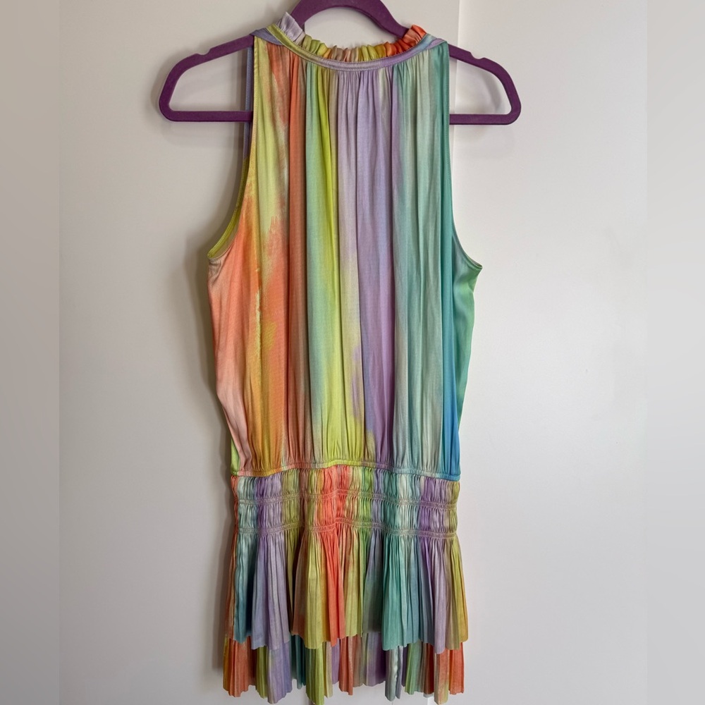 Current Air Los Angeles Cara Pleated Mini Dress Rainbow ๐ Tiered Drop Waist L - Picture 8 of 15
